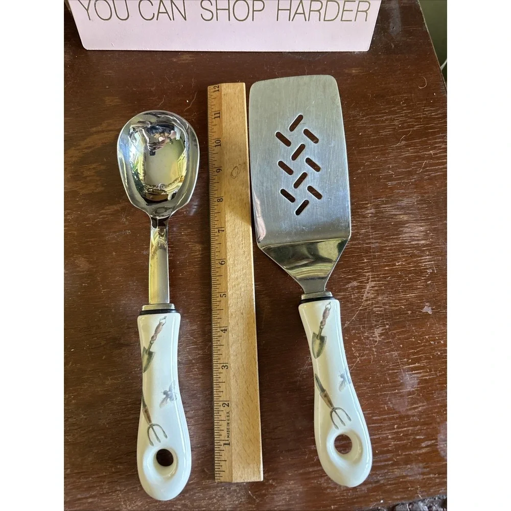 Pfaltzgraff Naturewood  Serving Spoon And Spatula With Ceramic Handles